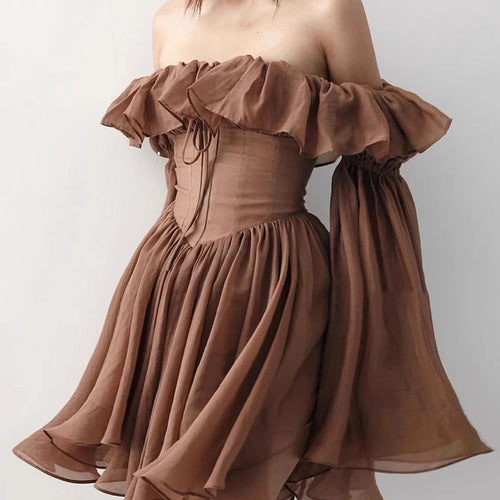 Slimming Spliced Ruffles Folds Fashion Dresses for Women Slash Neck Long Sleeves Patchwork Lace Up Dress Female New
